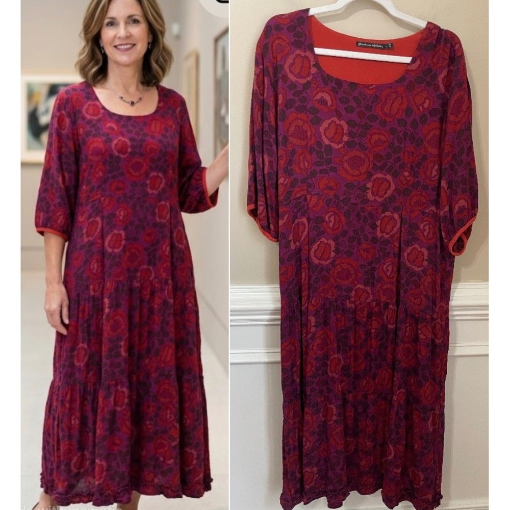 Gudrun Sjoden Size L Purple Rust Floral Viscose Tiered Maxi Dress Boho Fall